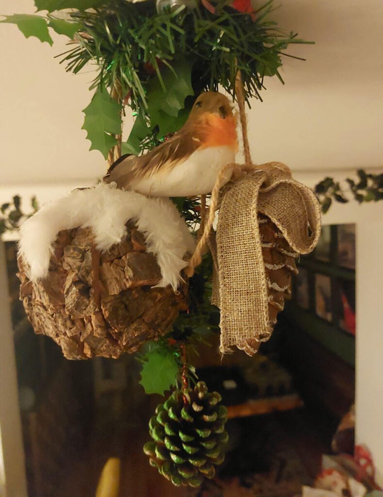 A bird hanging from the ceiling of a room.