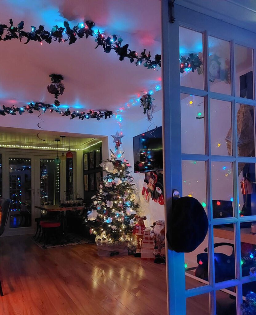 A room with a christmas tree and lights